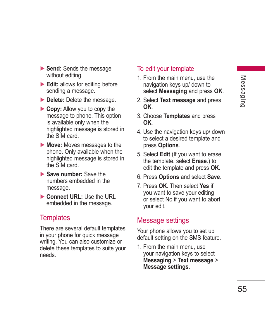Templates, Message settings | LG BLUETOOTH QDID B013918 KP199 User Manual | Page 155 / 226