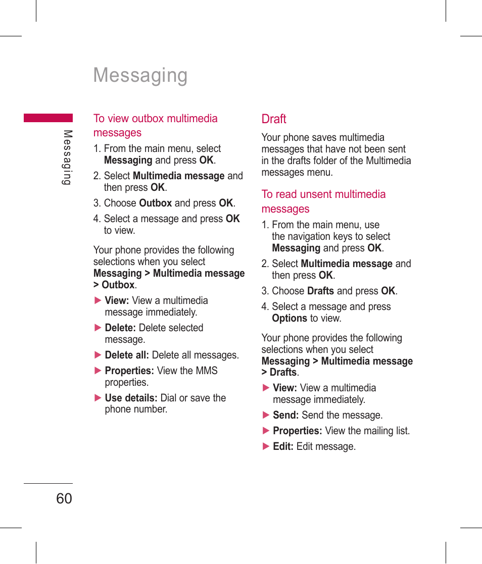 Messaging, Draft | LG BLUETOOTH QDID B013918 KP199 User Manual | Page 160 / 226