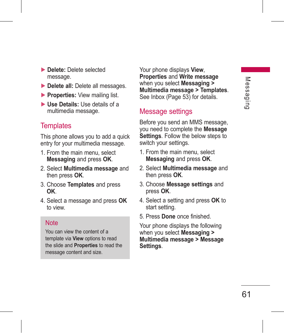 Templates, Message settings | LG BLUETOOTH QDID B013918 KP199 User Manual | Page 161 / 226