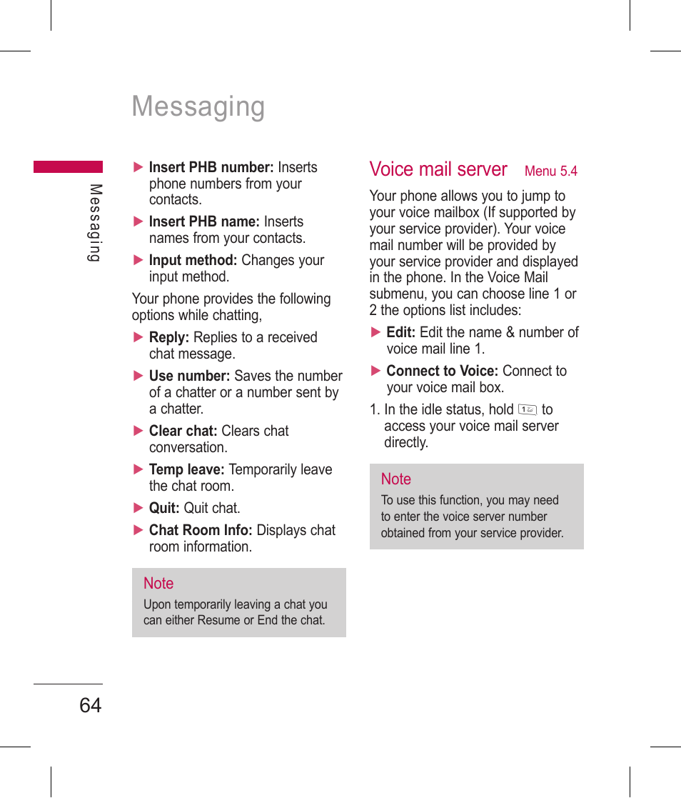 Messaging, Voice mail server | LG BLUETOOTH QDID B013918 KP199 User Manual | Page 164 / 226
