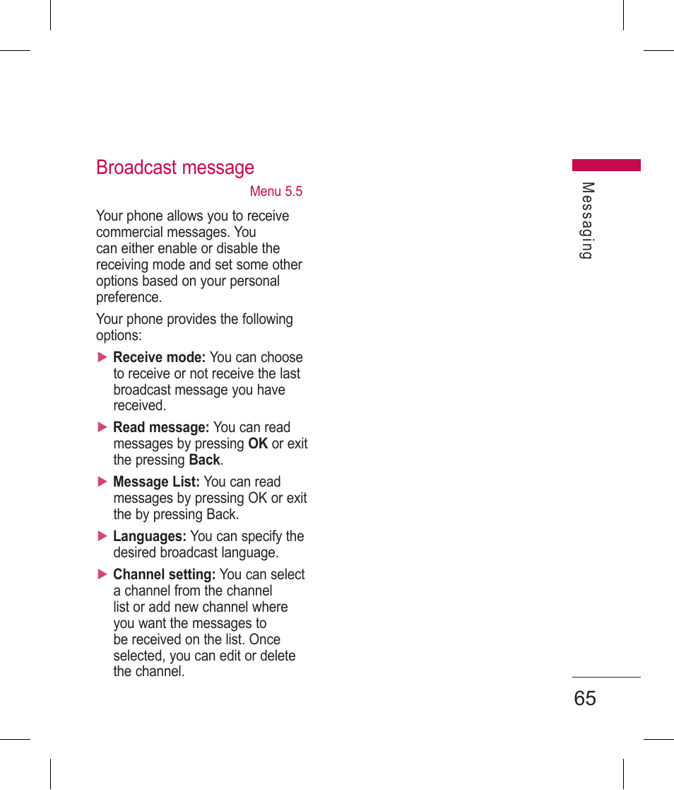 65 broadcast message | LG BLUETOOTH QDID B013918 KP199 User Manual | Page 165 / 226