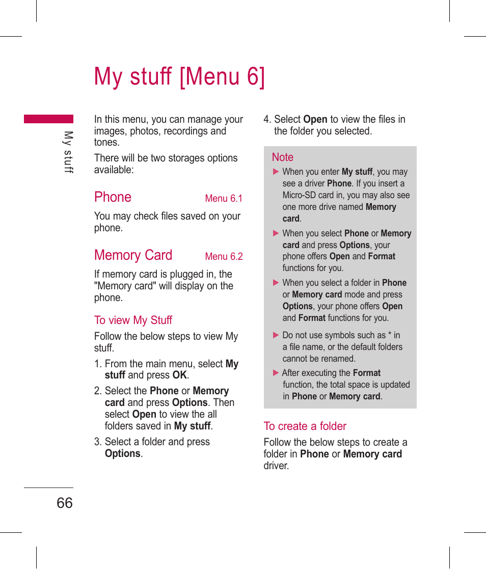 My stuff [menu 6, Phone | LG BLUETOOTH QDID B013918 KP199 User Manual | Page 166 / 226