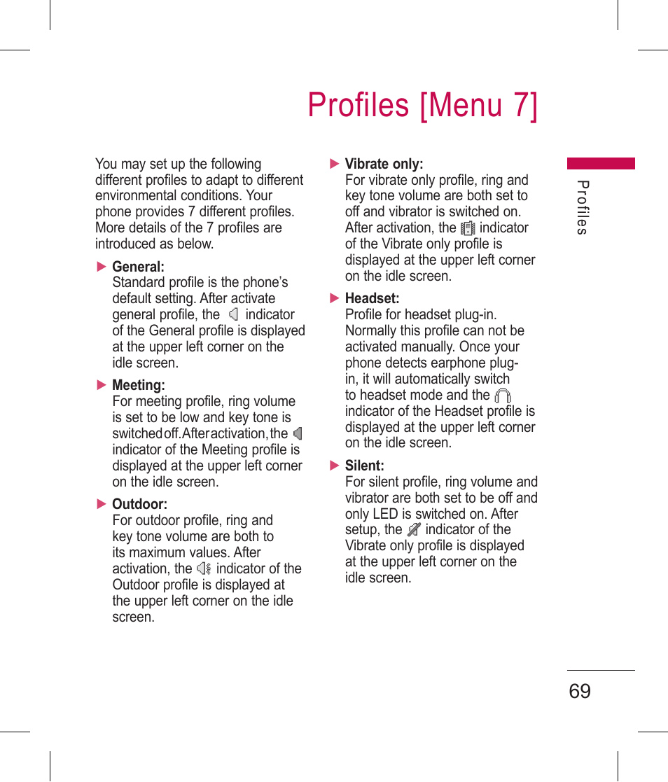 Profiles [menu 7 | LG BLUETOOTH QDID B013918 KP199 User Manual | Page 169 / 226