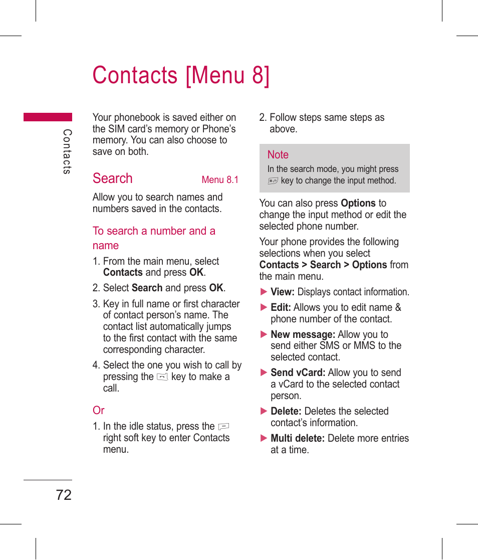 Contacts [menu 8, Search | LG BLUETOOTH QDID B013918 KP199 User Manual | Page 172 / 226