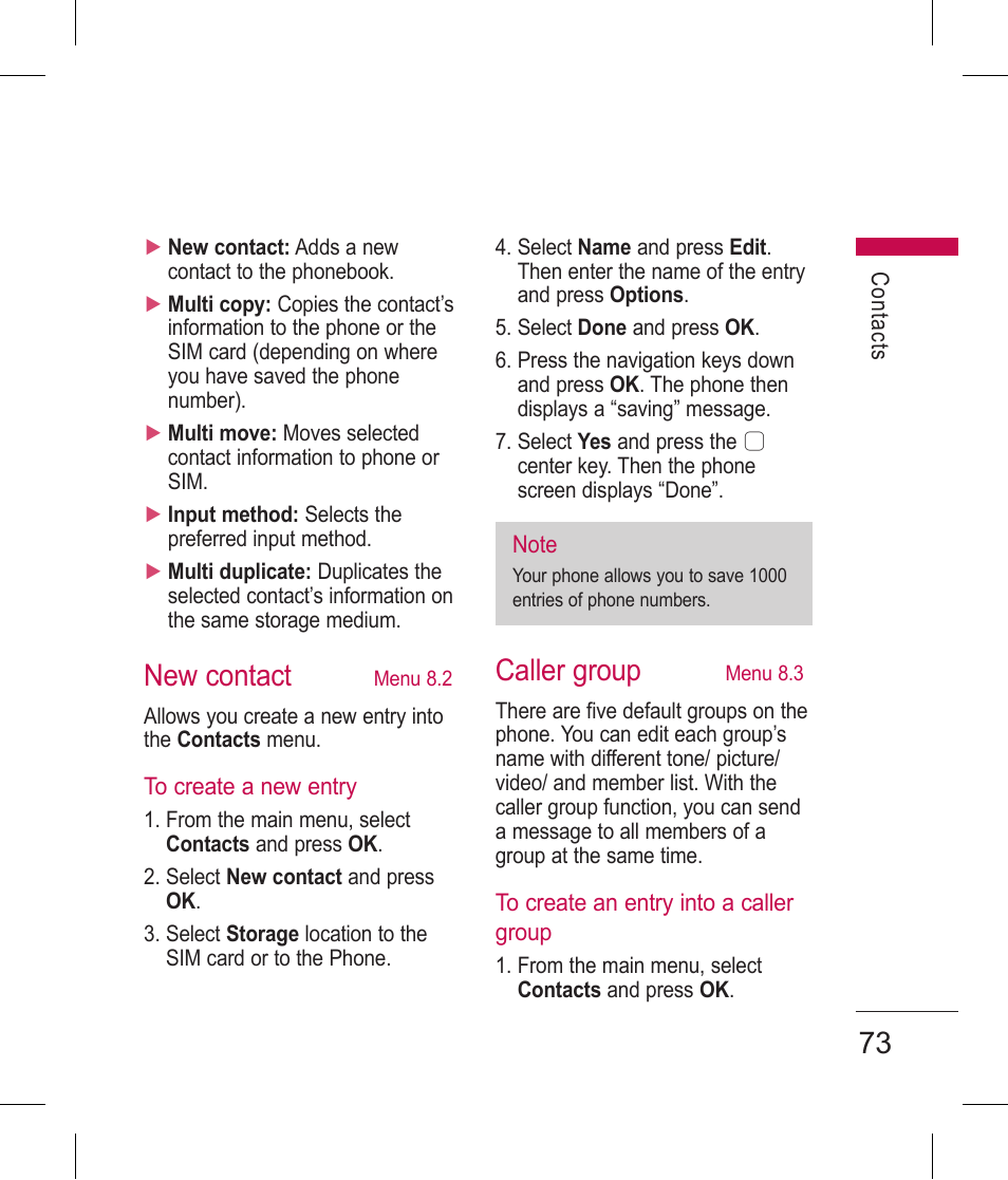 New contact, Caller group | LG BLUETOOTH QDID B013918 KP199 User Manual | Page 173 / 226