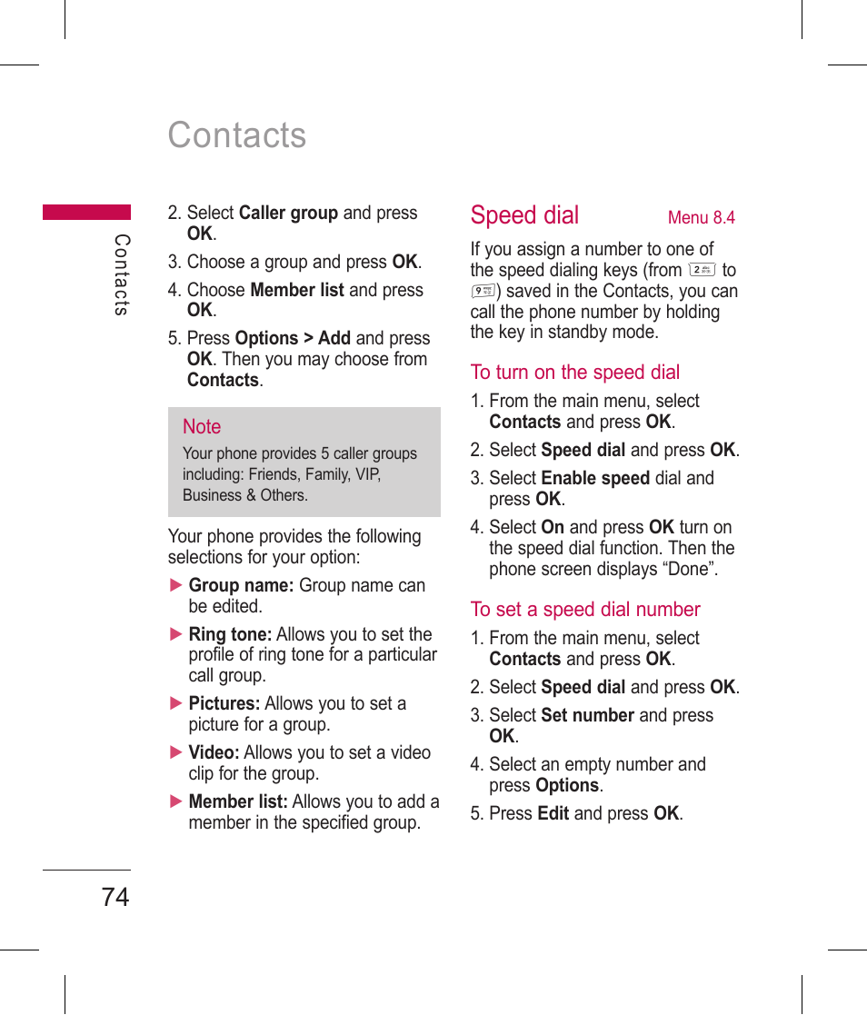 Contacts, Speed dial | LG BLUETOOTH QDID B013918 KP199 User Manual | Page 174 / 226