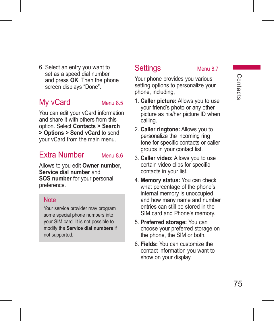 My vcard, Extra number, Settings | LG BLUETOOTH QDID B013918 KP199 User Manual | Page 175 / 226