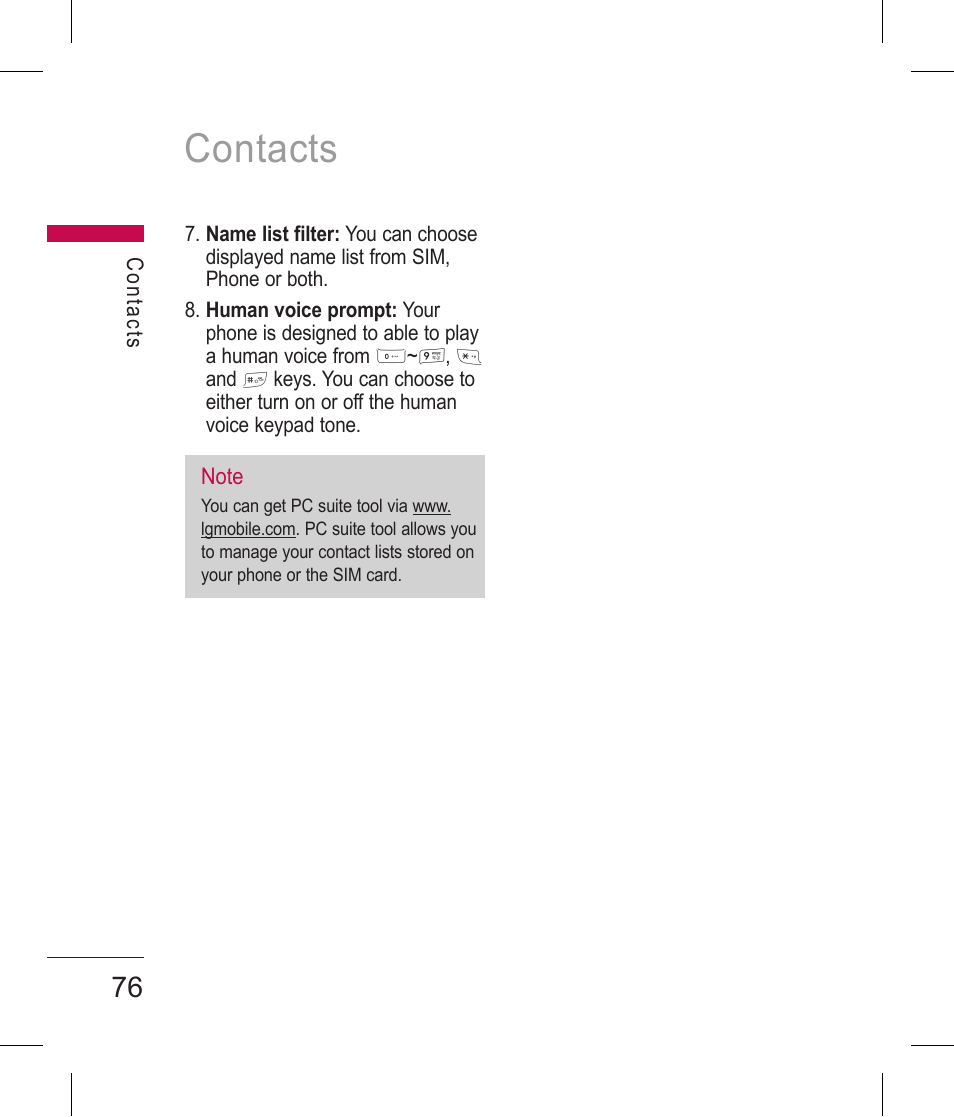 Contacts | LG BLUETOOTH QDID B013918 KP199 User Manual | Page 176 / 226