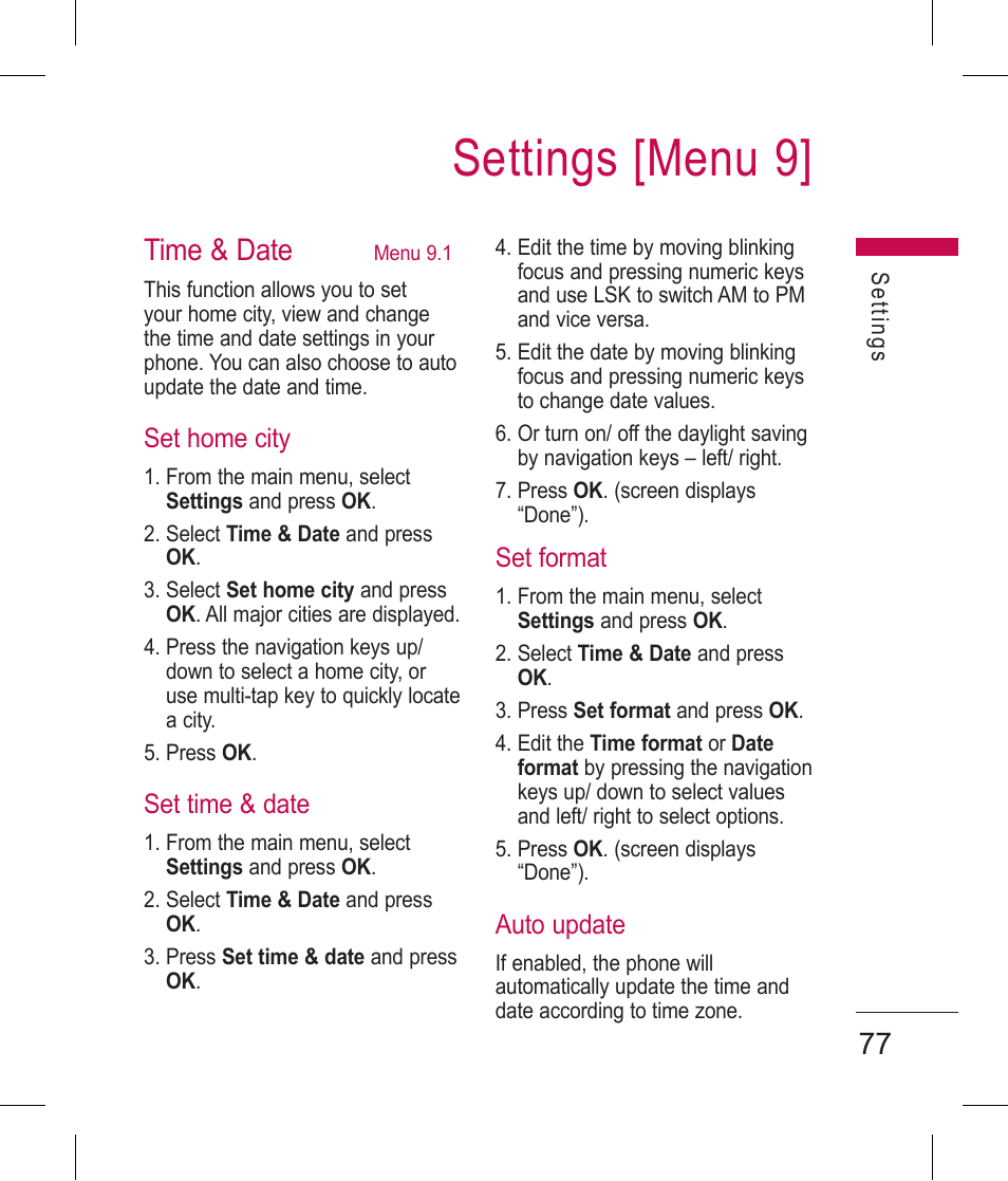 Settings [menu 9, 77 time & date | LG BLUETOOTH QDID B013918 KP199 User Manual | Page 177 / 226