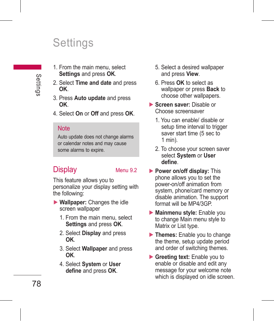 Settings, Display | LG BLUETOOTH QDID B013918 KP199 User Manual | Page 178 / 226