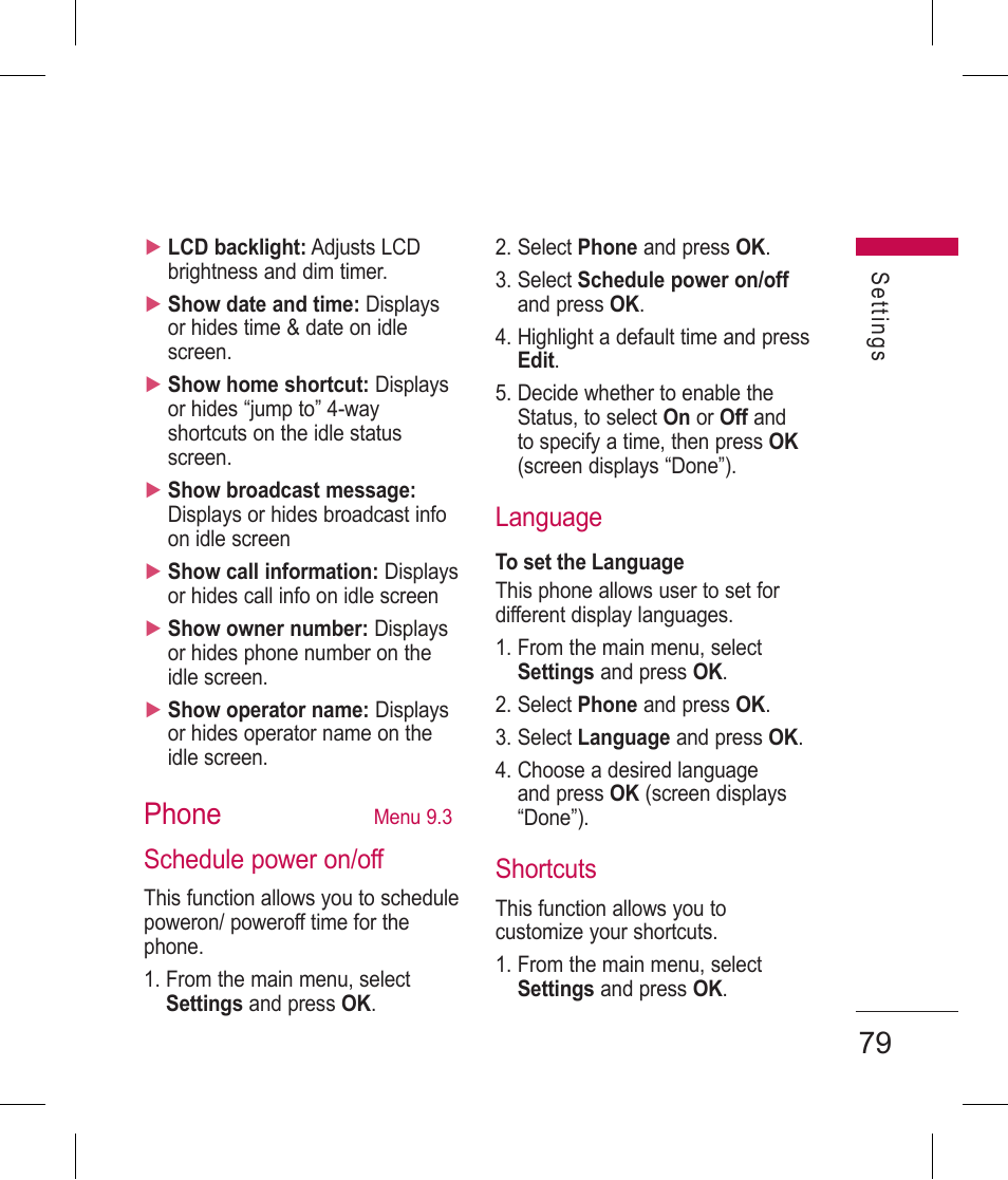 Phone, Schedule power on/off, Language | Shortcuts | LG BLUETOOTH QDID B013918 KP199 User Manual | Page 179 / 226