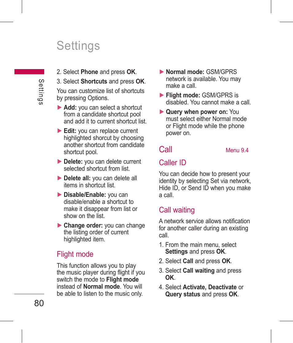 Settings, Call | LG BLUETOOTH QDID B013918 KP199 User Manual | Page 180 / 226