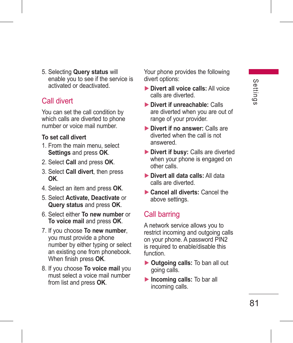 Call divert, Call barring | LG BLUETOOTH QDID B013918 KP199 User Manual | Page 181 / 226