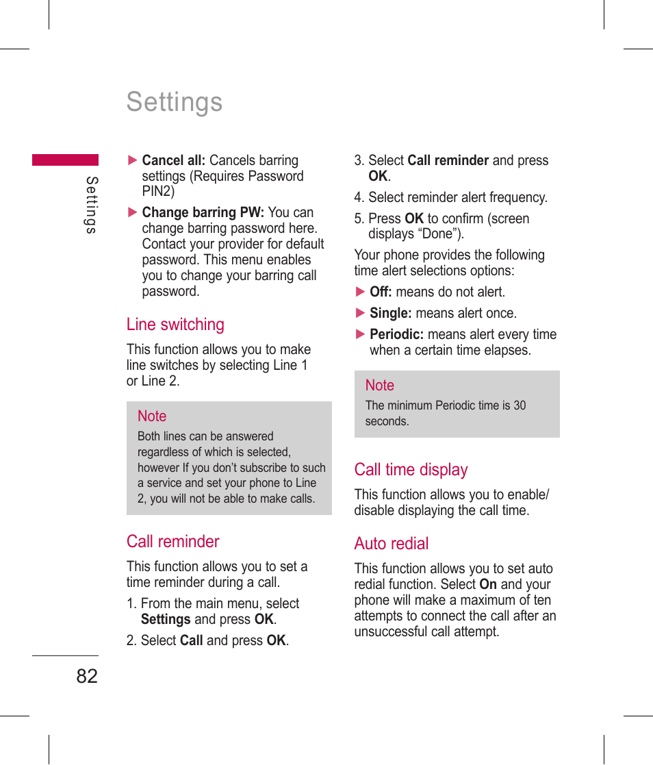 Settings, Line switching, Call reminder | Call time display, Auto redial | LG BLUETOOTH QDID B013918 KP199 User Manual | Page 182 / 226