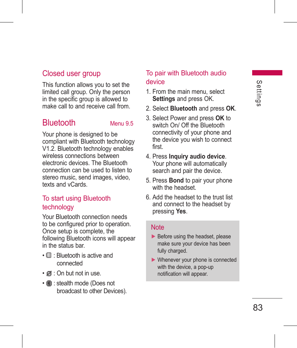 Bluetooth, Closed user group | LG BLUETOOTH QDID B013918 KP199 User Manual | Page 183 / 226