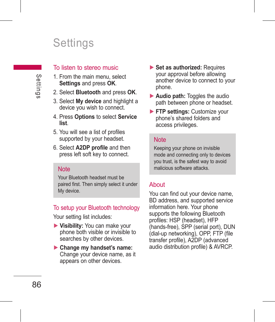 Settings | LG BLUETOOTH QDID B013918 KP199 User Manual | Page 186 / 226