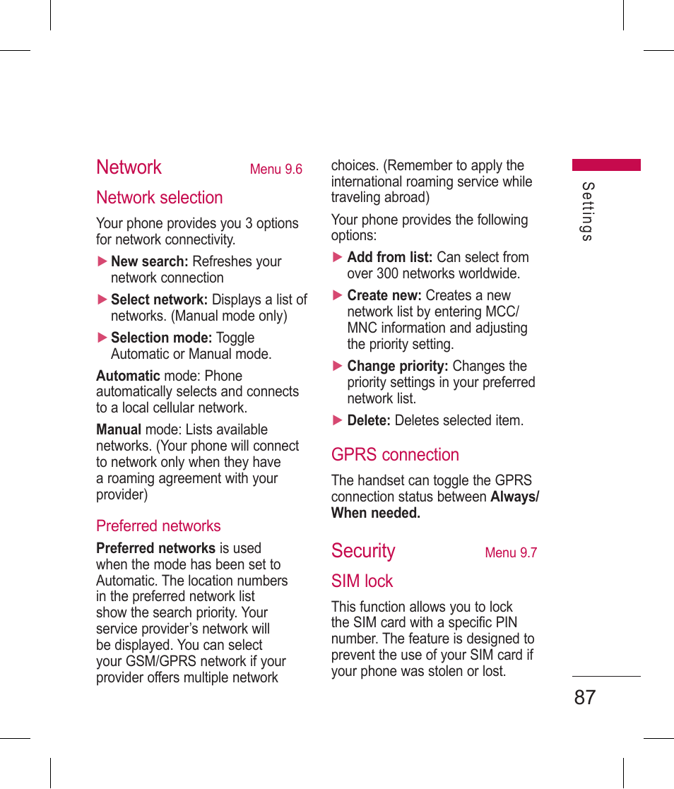 87 network, Security, Network selection | Gprs connection, Sim lock | LG BLUETOOTH QDID B013918 KP199 User Manual | Page 187 / 226