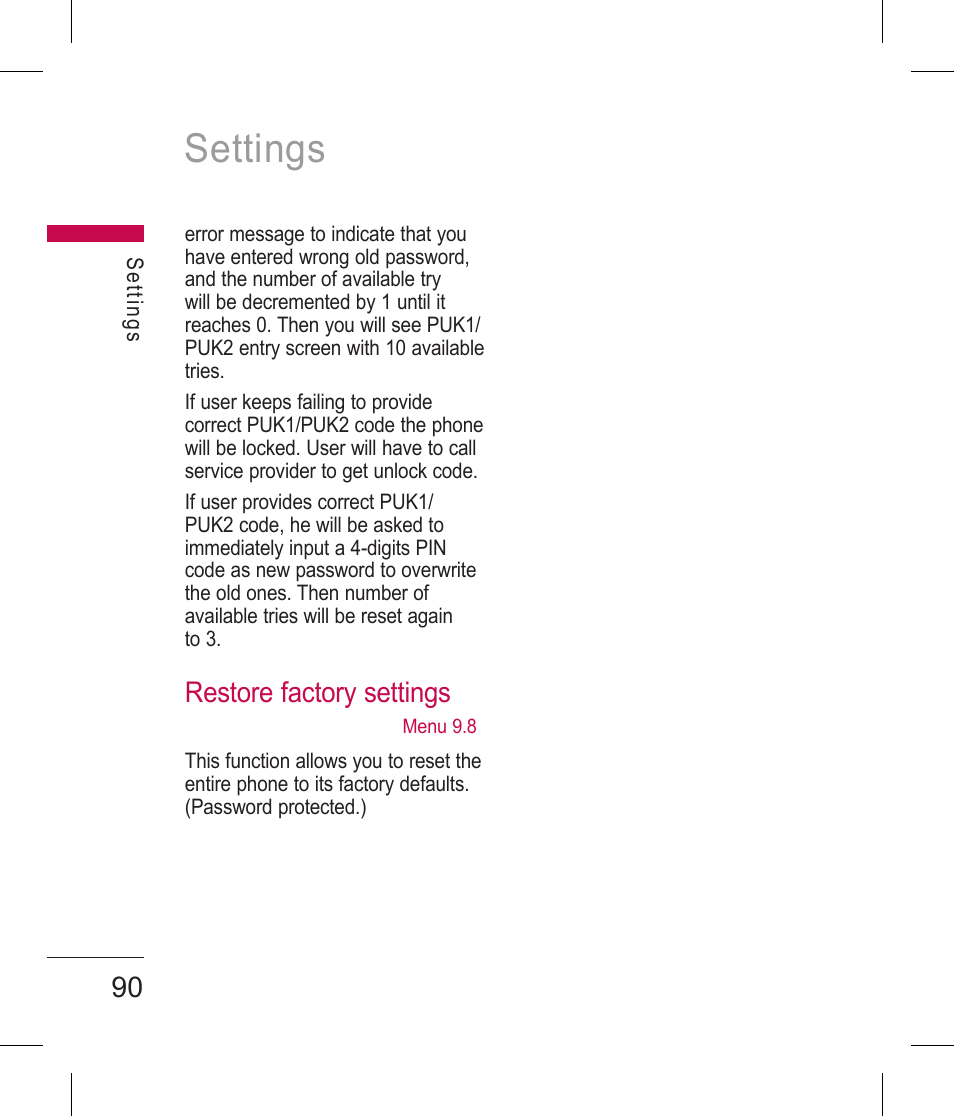 Settings, Restore factory settings | LG BLUETOOTH QDID B013918 KP199 User Manual | Page 190 / 226