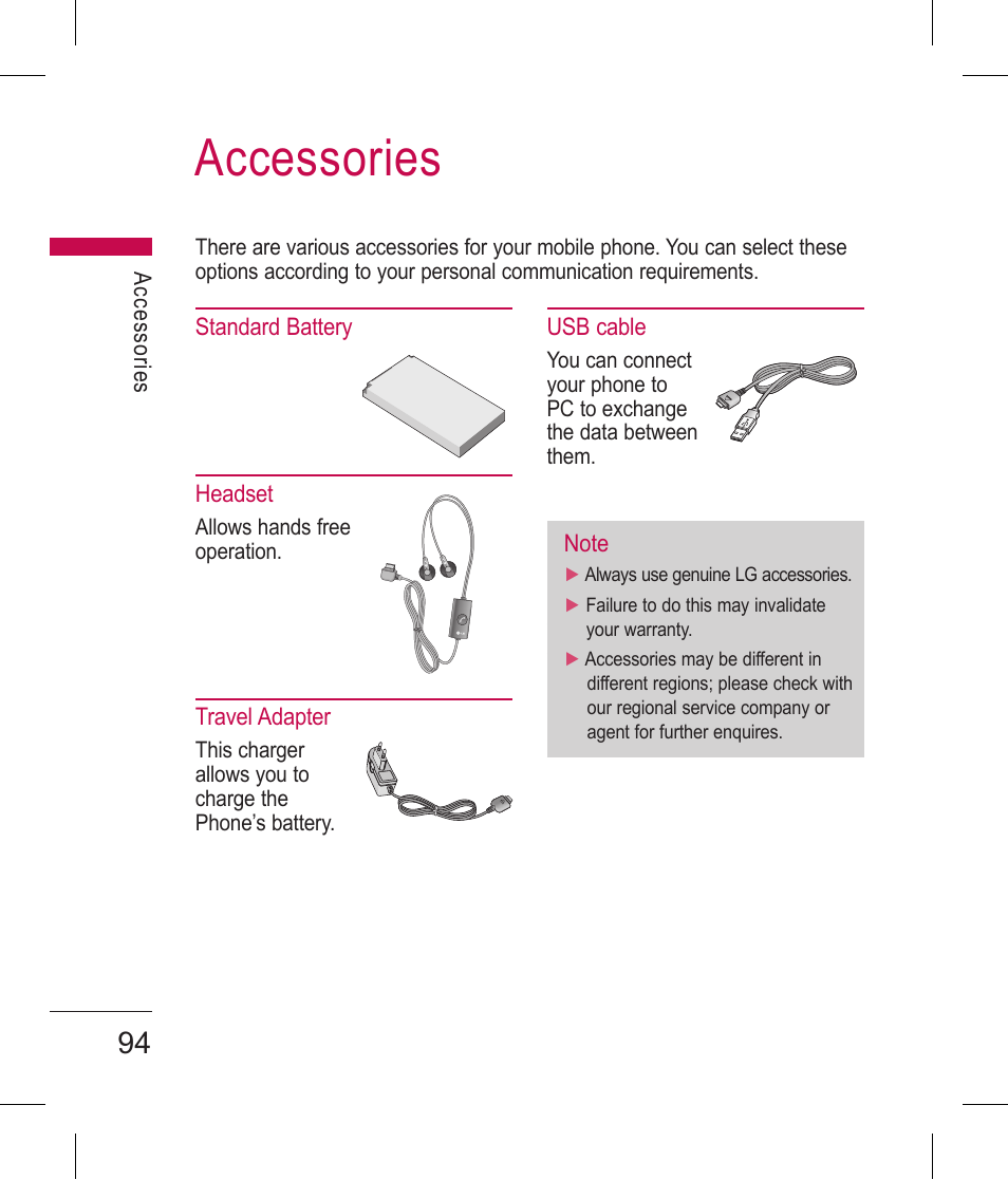 Accessories | LG BLUETOOTH QDID B013918 KP199 User Manual | Page 194 / 226