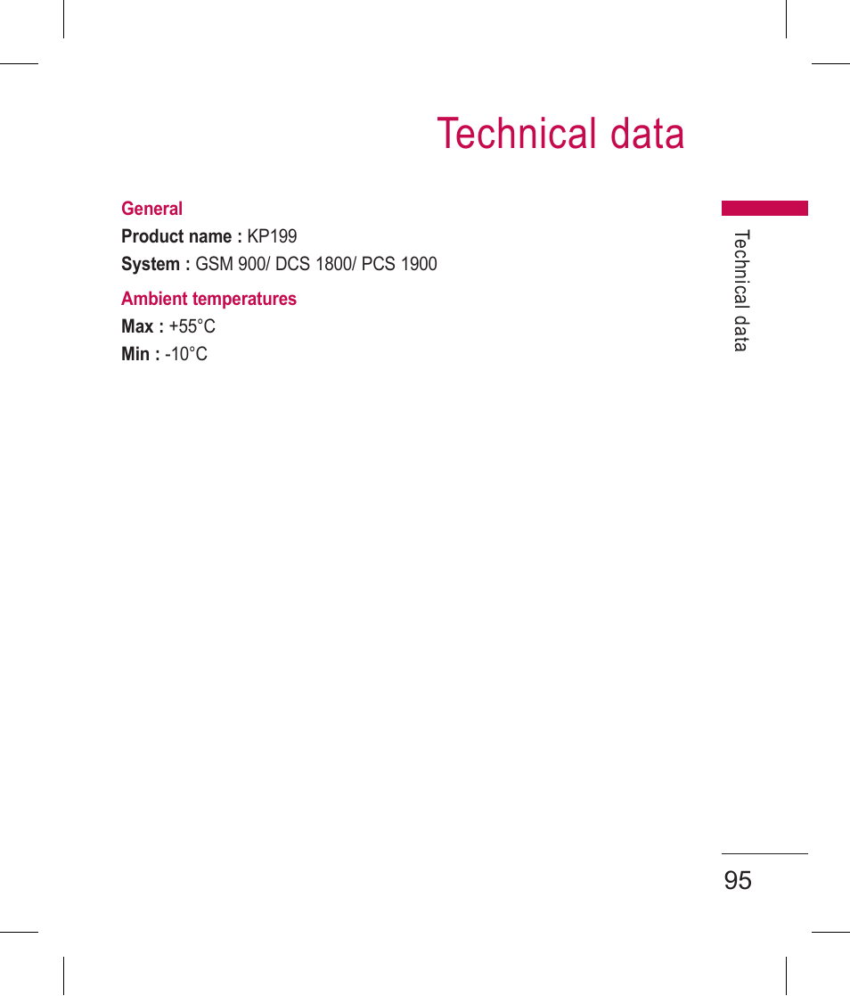Technical data | LG BLUETOOTH QDID B013918 KP199 User Manual | Page 195 / 226