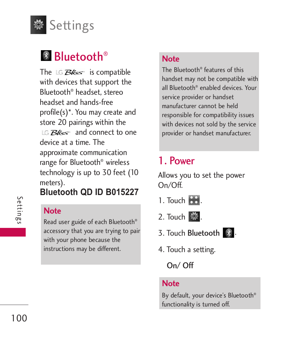 Bluetooth, Power, Settings | LG Bliss MMBB0345401(1.0) User Manual | Page 102 / 143