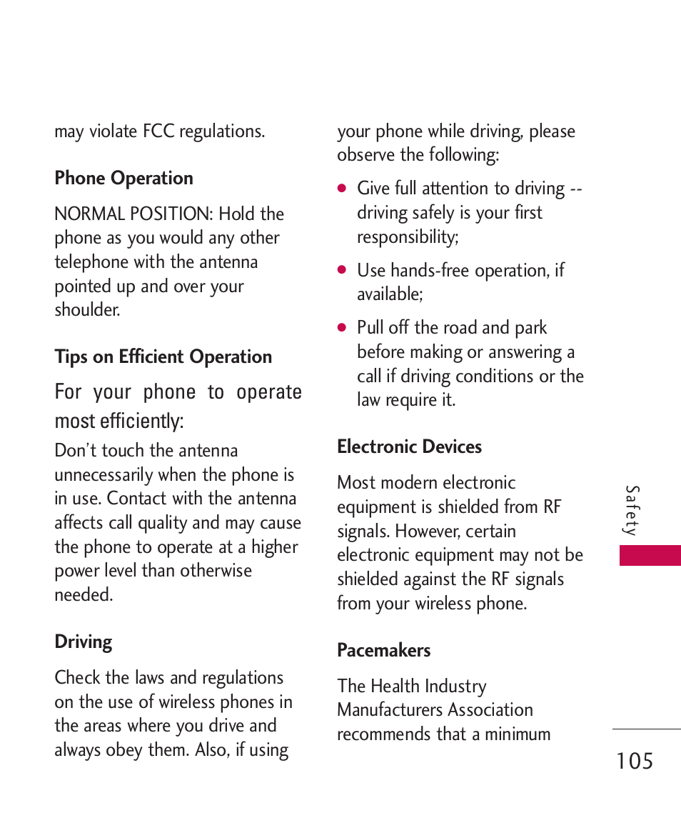 Phone operation, Tips on efficient operation, Driving | Electronic devices, Pacemakers | LG Bliss MMBB0345401(1.0) User Manual | Page 107 / 143