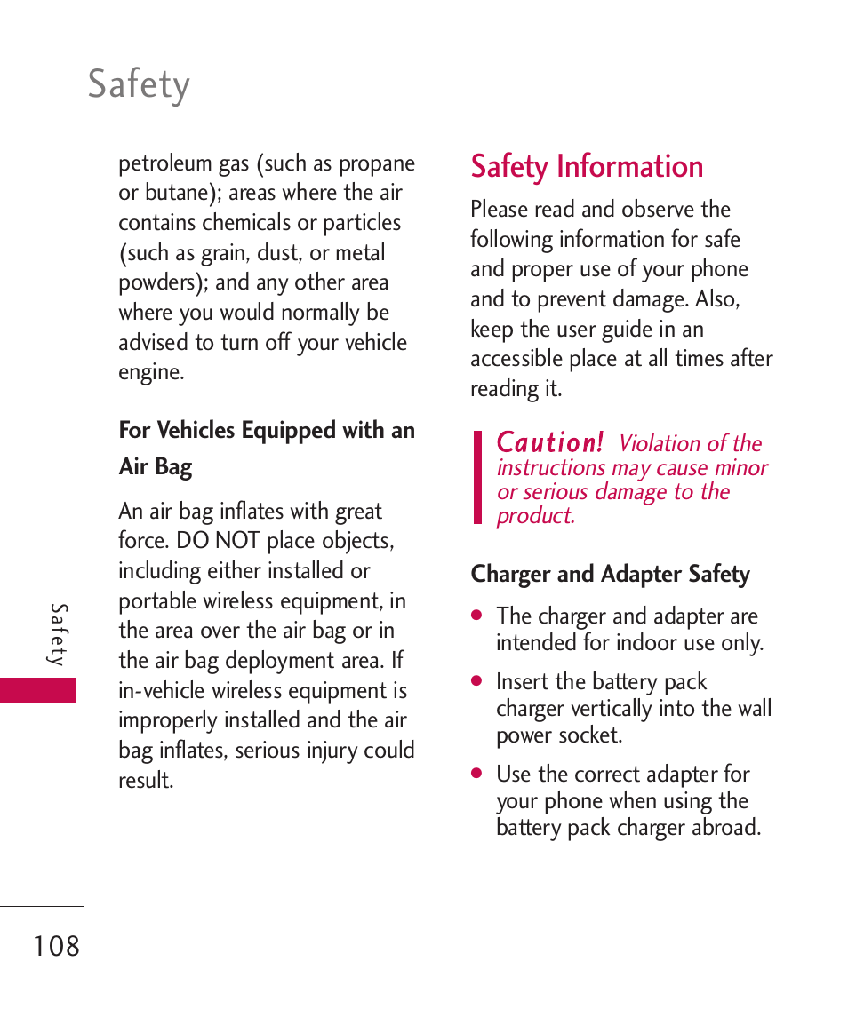 For vehicles equipped with an air bag, Safety information, Charger and adapter safety | Safety | LG Bliss MMBB0345401(1.0) User Manual | Page 110 / 143