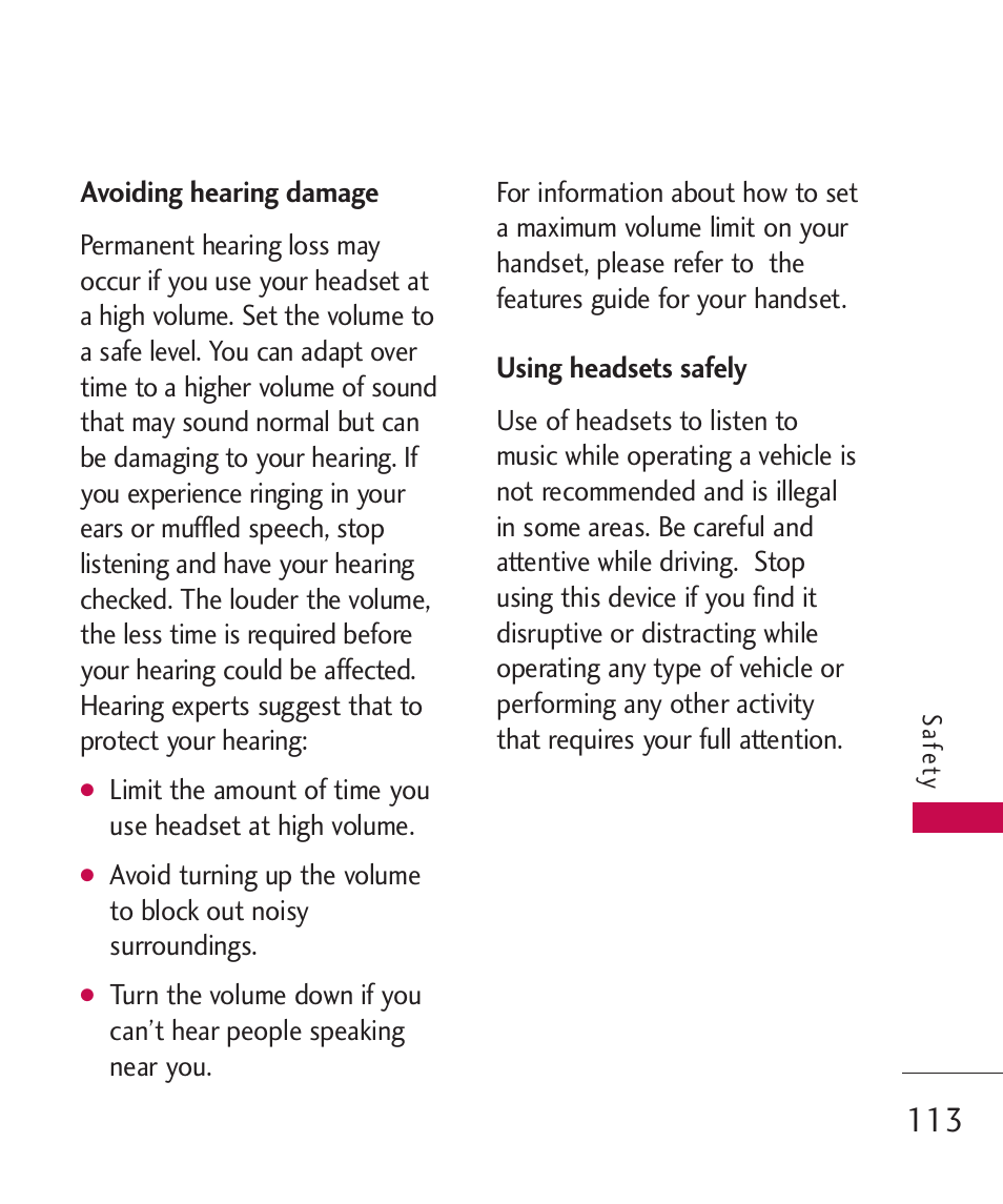 Avoiding hearing damage, Using headsets safely | LG Bliss MMBB0345401(1.0) User Manual | Page 115 / 143