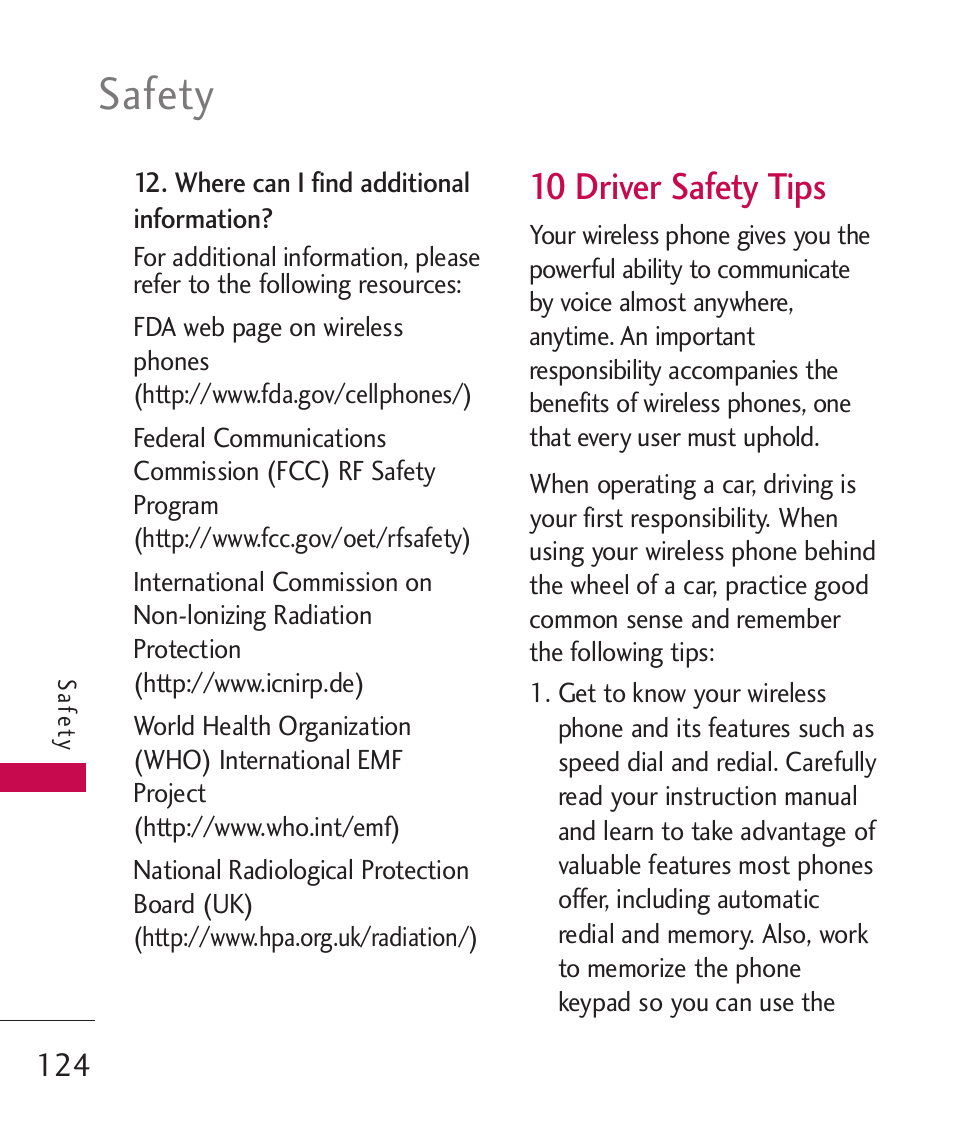 10 driver safety tips, Safety | LG Bliss MMBB0345401(1.0) User Manual | Page 126 / 143