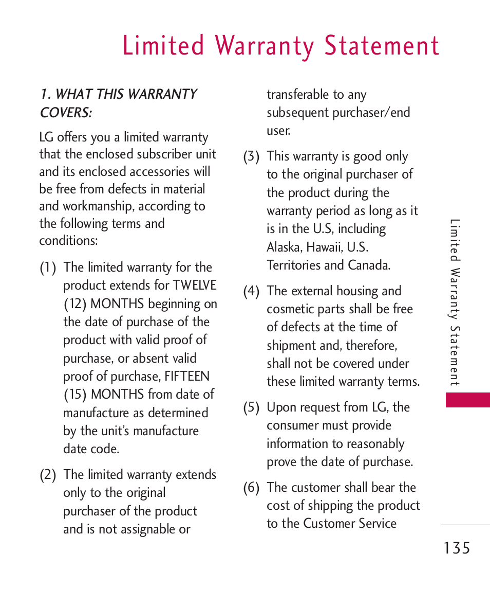 Limited warranty statement | LG Bliss MMBB0345401(1.0) User Manual | Page 137 / 143