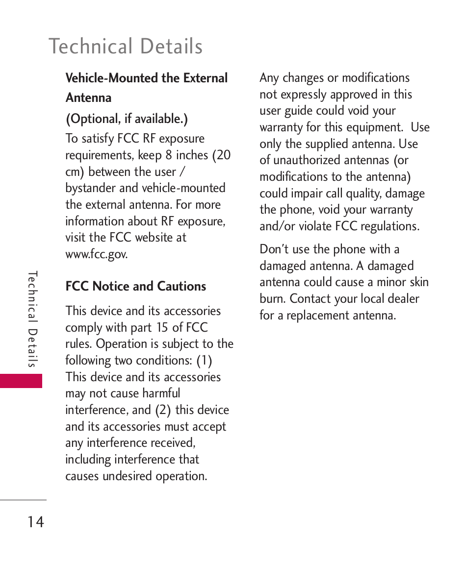 Vehicle-mounted the external antenna 14, Fcc notice and cautions, Technical details | LG Bliss MMBB0345401(1.0) User Manual | Page 16 / 143