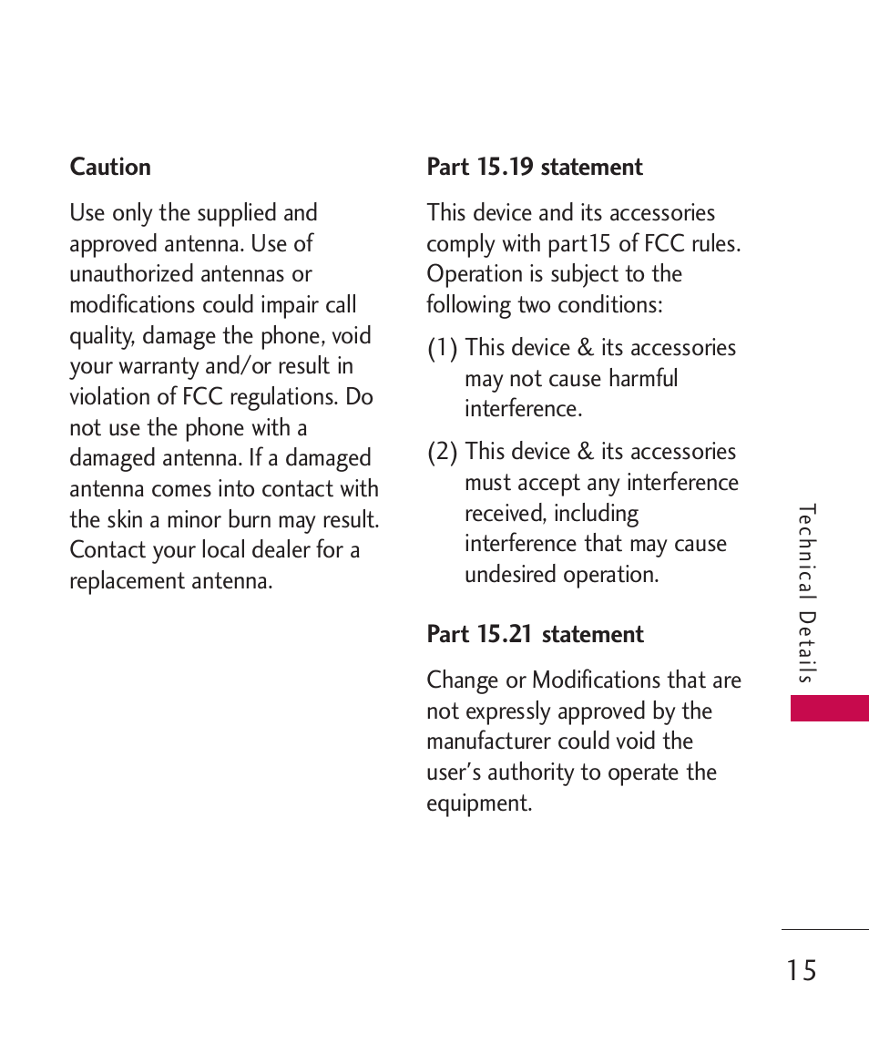 Caution, Part 15.19 statement, Part 15.21 statement | LG Bliss MMBB0345401(1.0) User Manual | Page 17 / 143