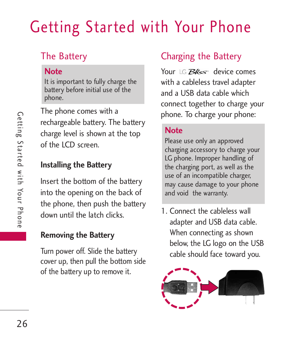 Getting started with your phone, The battery, Charging the battery | LG Bliss MMBB0345401(1.0) User Manual | Page 28 / 143