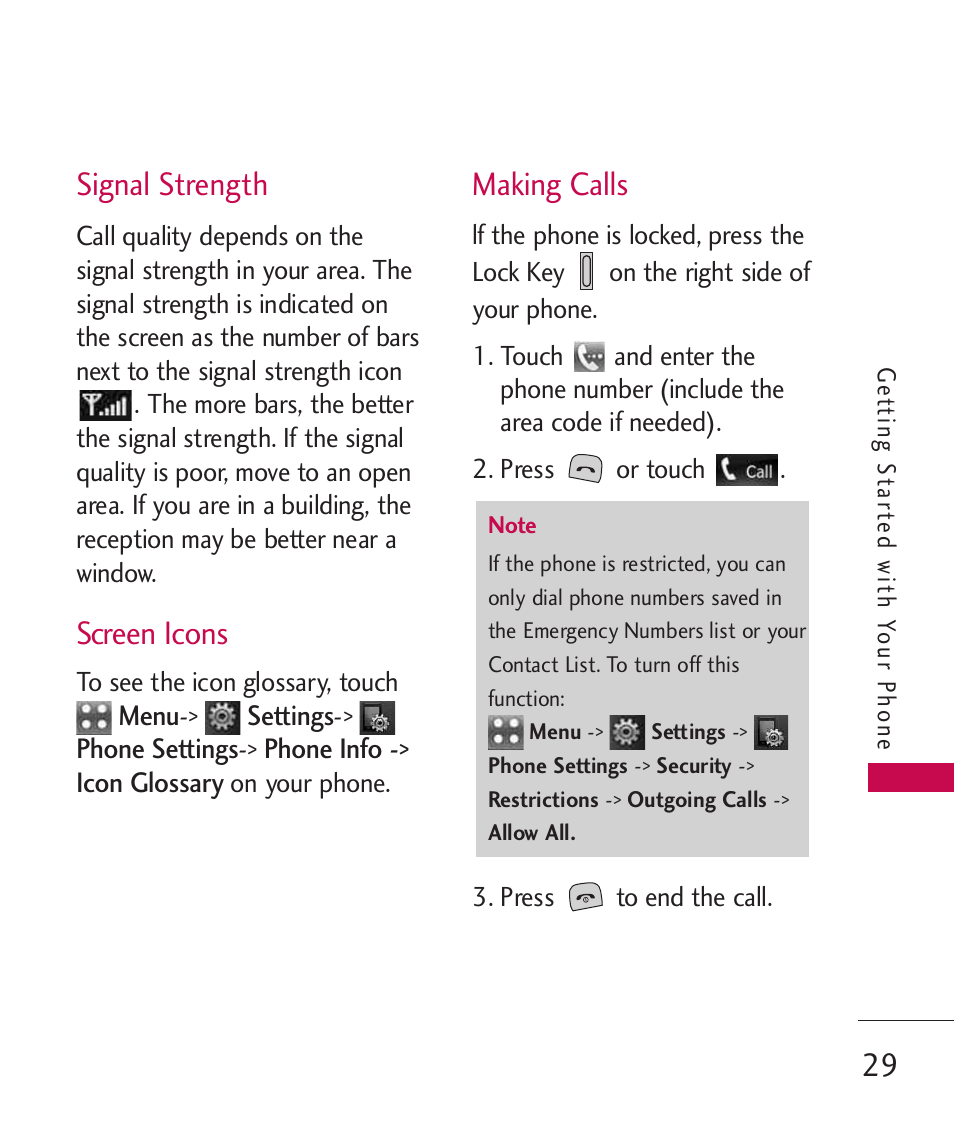 Signal strength, Screen icons, Making calls | LG Bliss MMBB0345401(1.0) User Manual | Page 31 / 143