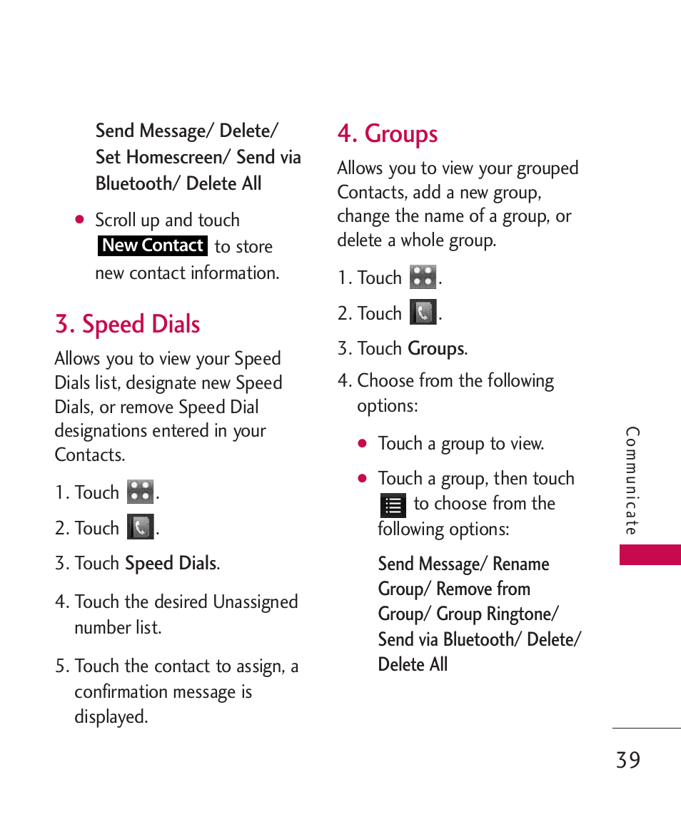 Speed dials, Groups | LG Bliss MMBB0345401(1.0) User Manual | Page 41 / 143