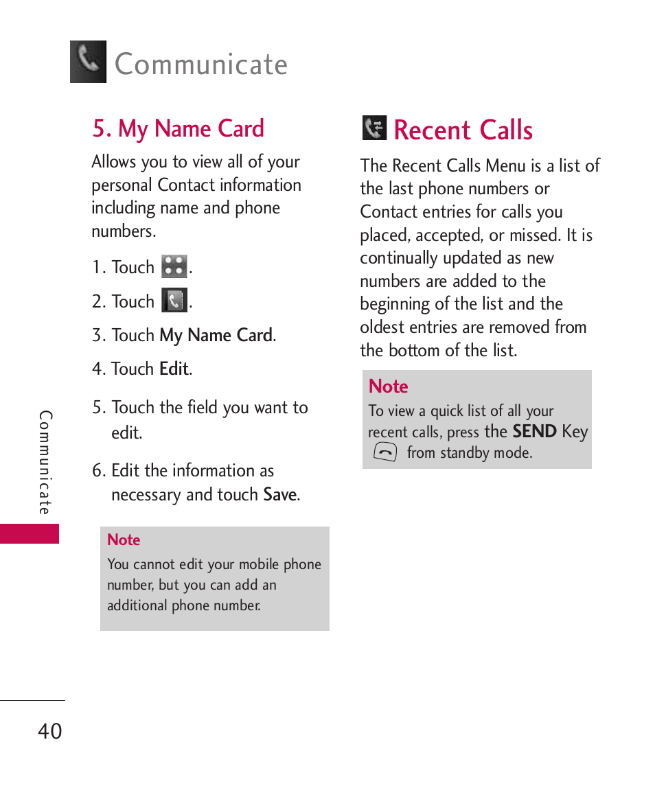 My name card, Recent calls, Communicate | LG Bliss MMBB0345401(1.0) User Manual | Page 42 / 143