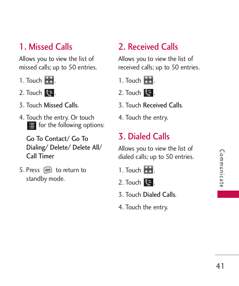 Missed calls, Received calls, Dialed calls | LG Bliss MMBB0345401(1.0) User Manual | Page 43 / 143