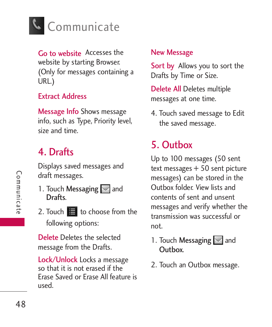 Drafts, Outbox, Communicate | LG Bliss MMBB0345401(1.0) User Manual | Page 50 / 143