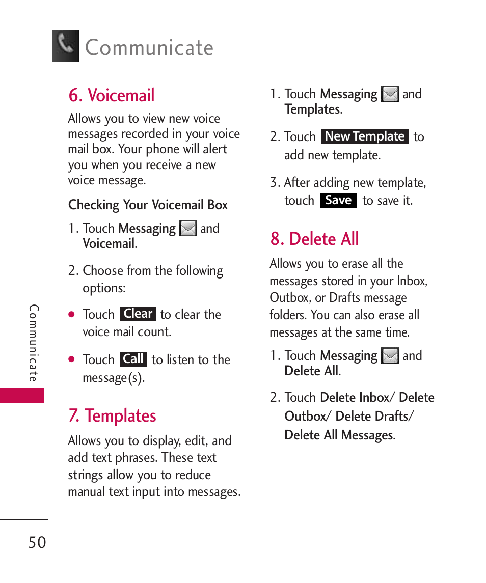 Voicemail, Templates, Delete all | Communicate | LG Bliss MMBB0345401(1.0) User Manual | Page 52 / 143