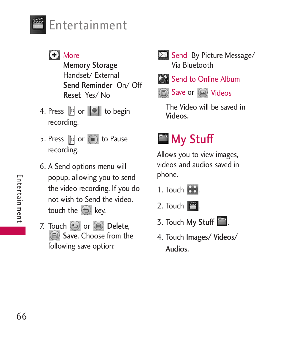 My stuff, Entertainment | LG Bliss MMBB0345401(1.0) User Manual | Page 68 / 143