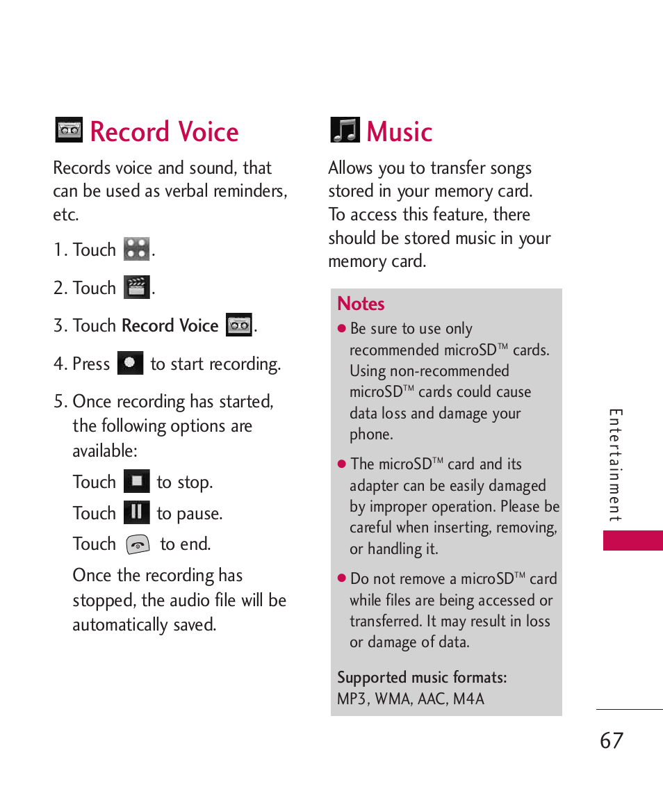 Record voice, Music | LG Bliss MMBB0345401(1.0) User Manual | Page 69 / 143