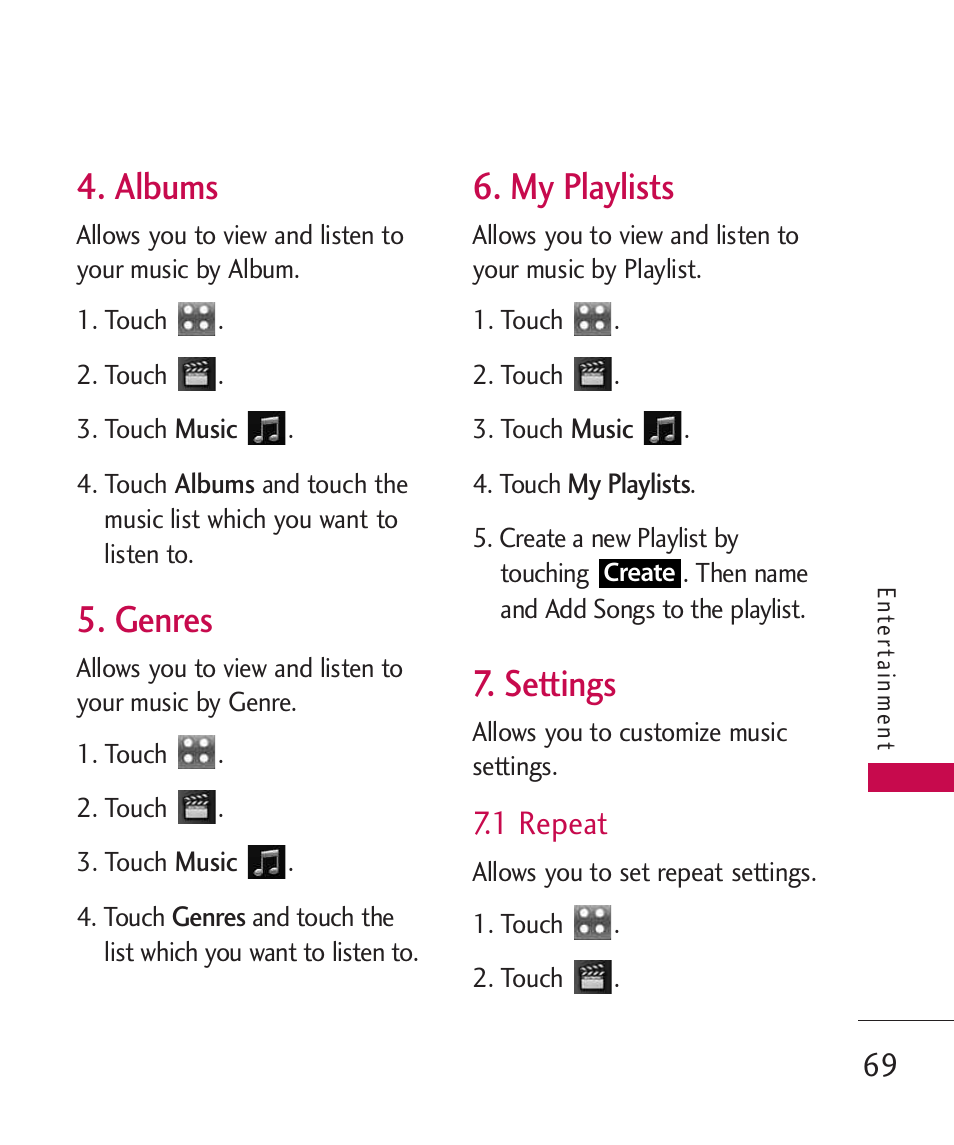 Albums, Genres, My playlists | Settings, 1 repeat | LG Bliss MMBB0345401(1.0) User Manual | Page 71 / 143