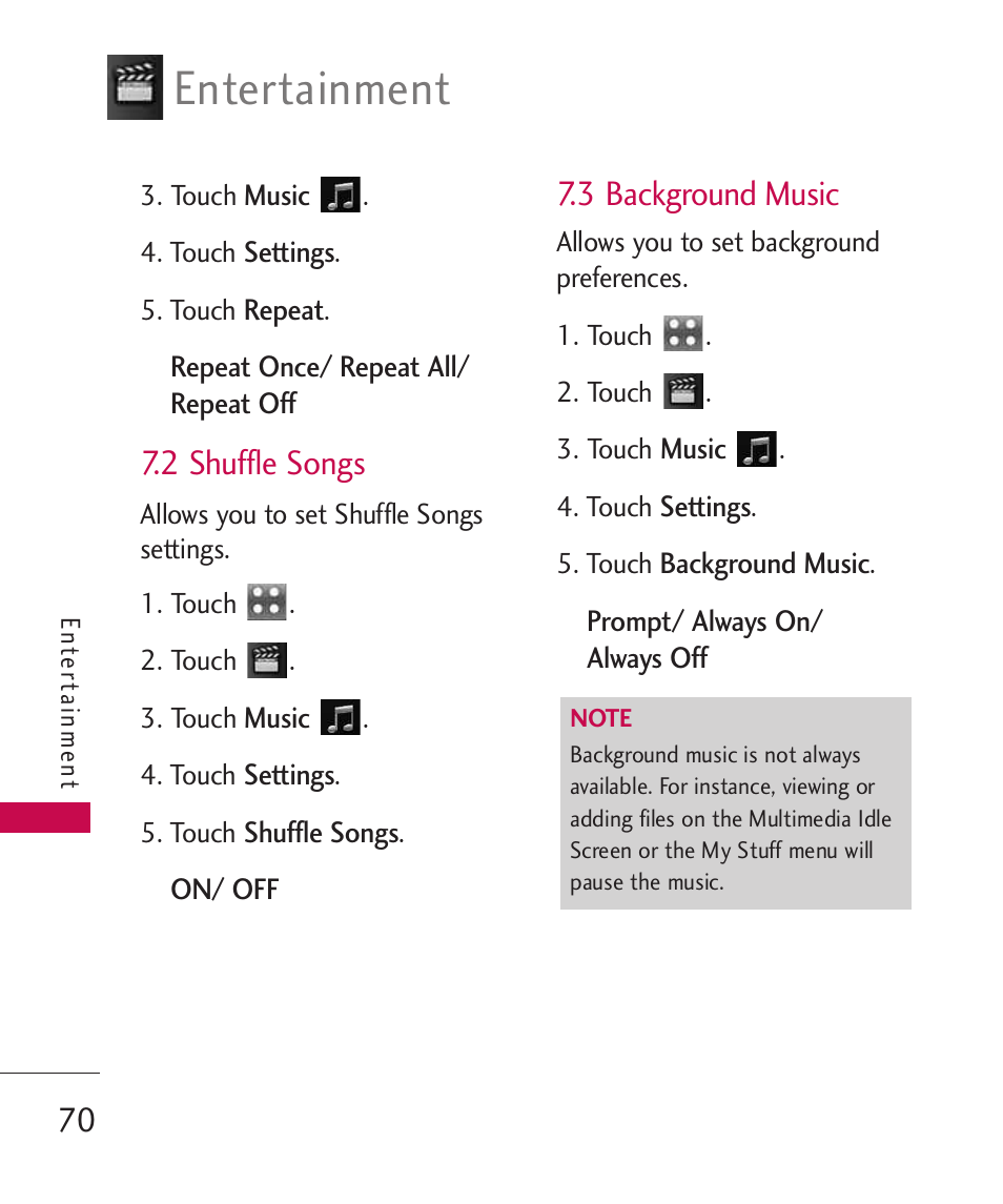 2 shuffle songs, 3 background music, Entertainment | LG Bliss MMBB0345401(1.0) User Manual | Page 72 / 143