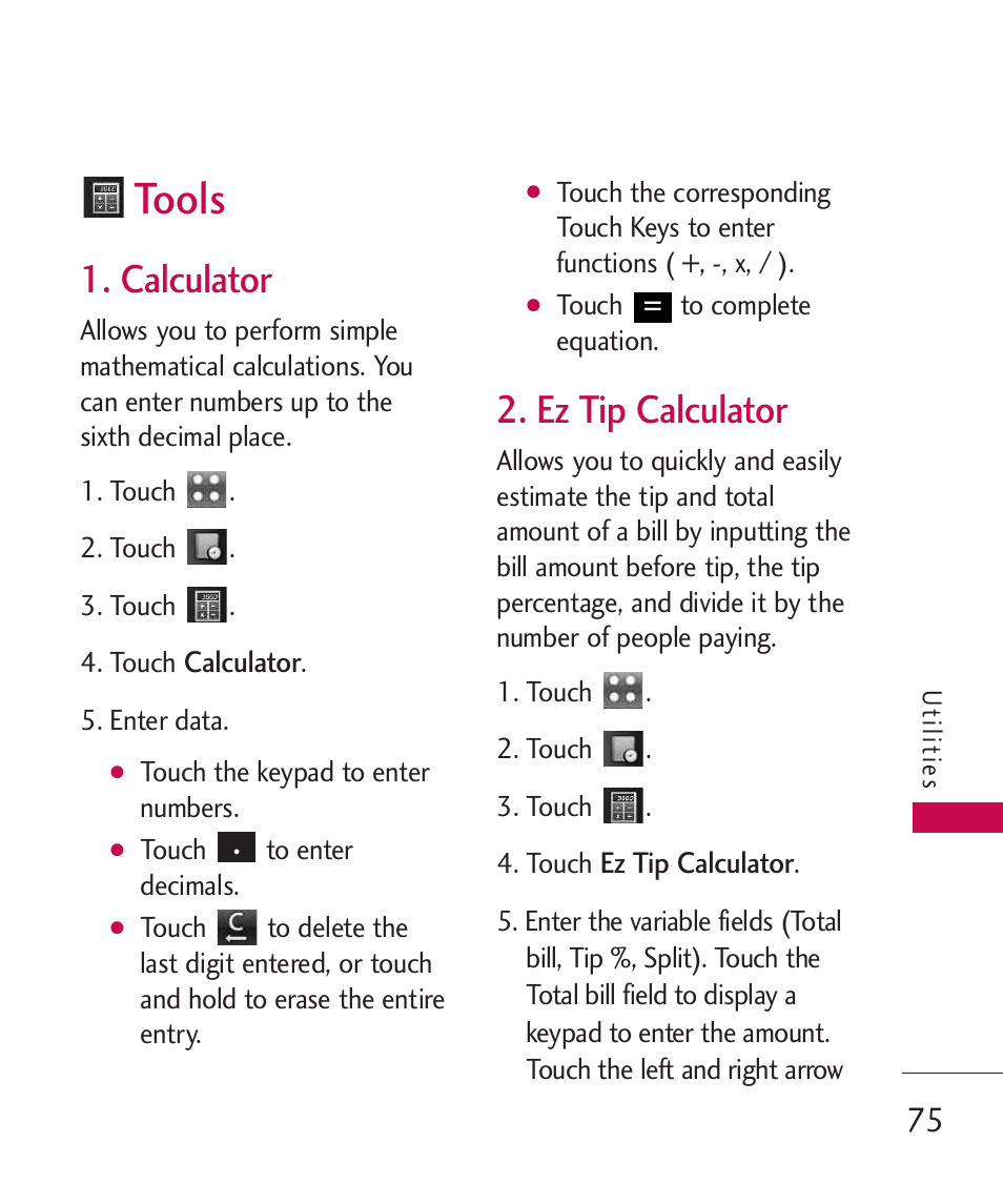 Tools, Calculator, Ez tip calculator | LG Bliss MMBB0345401(1.0) User Manual | Page 77 / 143