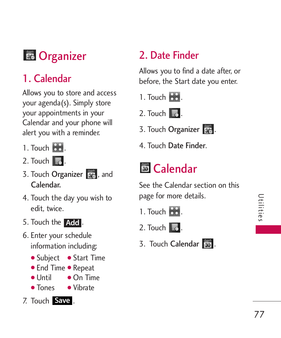 Organizer, Calendar, Date finder | LG Bliss MMBB0345401(1.0) User Manual | Page 79 / 143