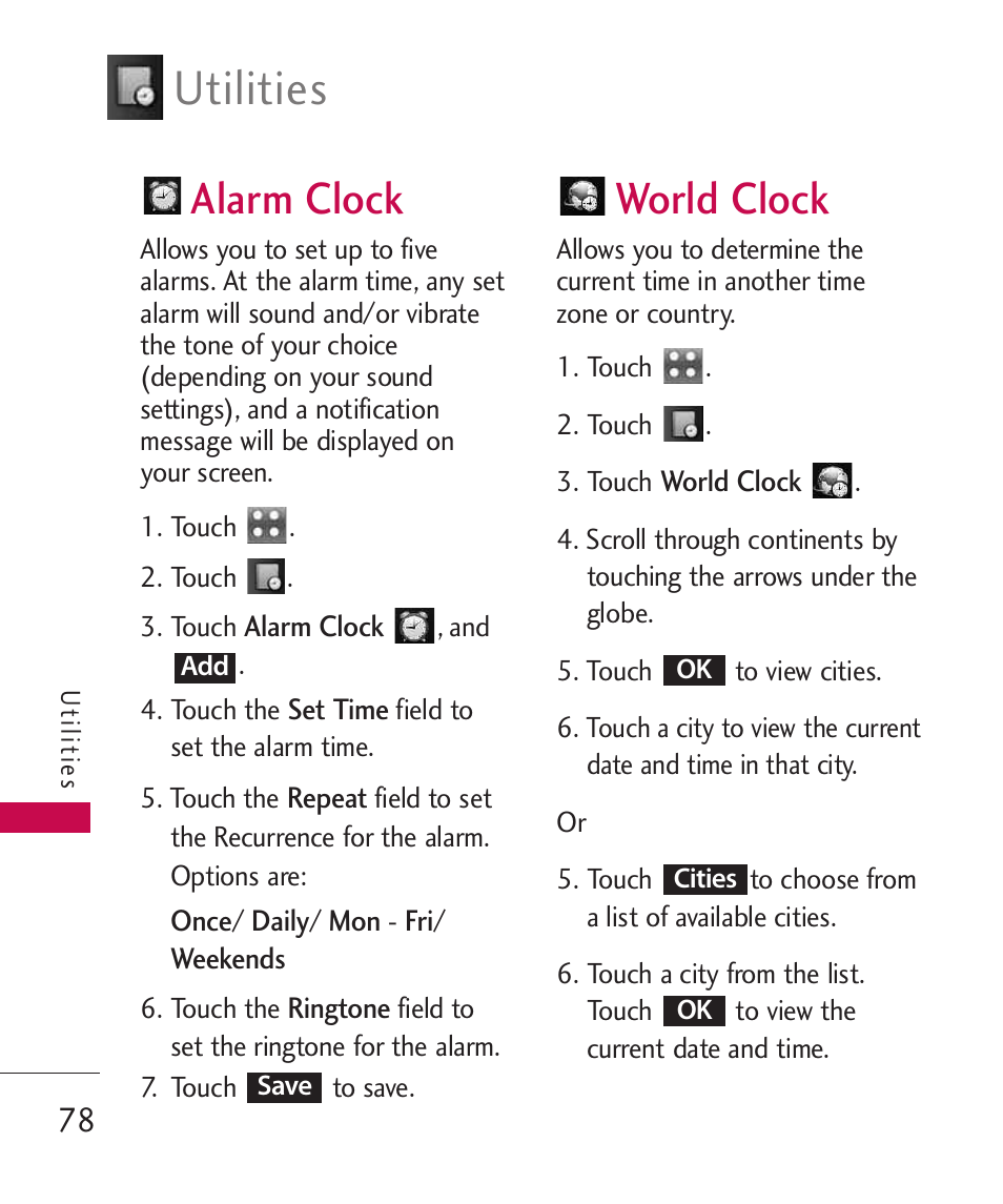 Alarm clock, World clock, Utilities | LG Bliss MMBB0345401(1.0) User Manual | Page 80 / 143