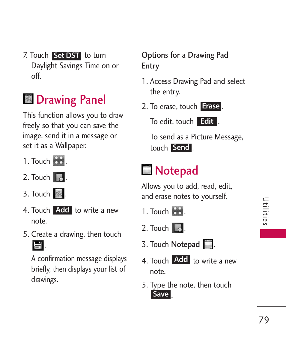 Drawing panel, Notepad | LG Bliss MMBB0345401(1.0) User Manual | Page 81 / 143