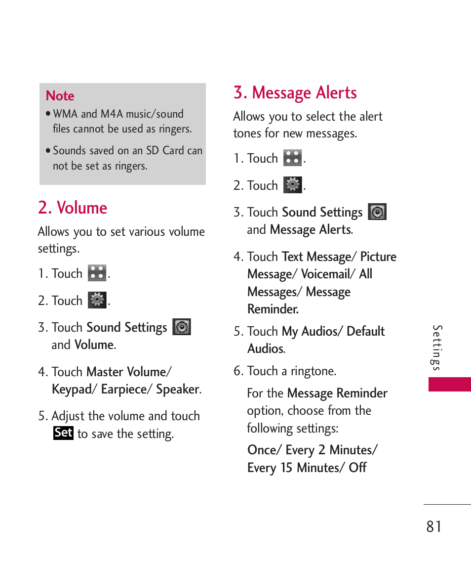 Volume, Message alerts | LG Bliss MMBB0345401(1.0) User Manual | Page 83 / 143