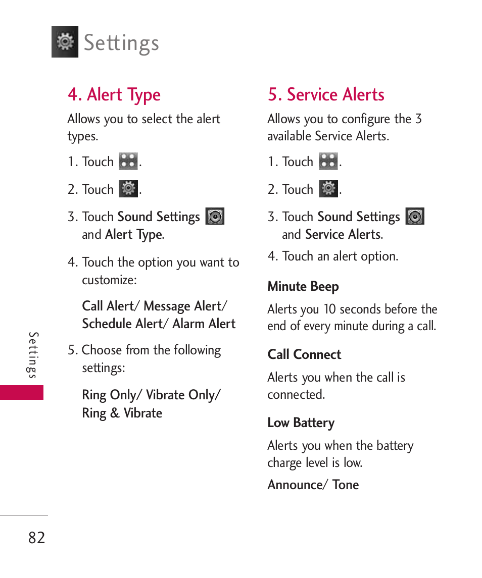 Alert type, Service alerts, Settings | LG Bliss MMBB0345401(1.0) User Manual | Page 84 / 143