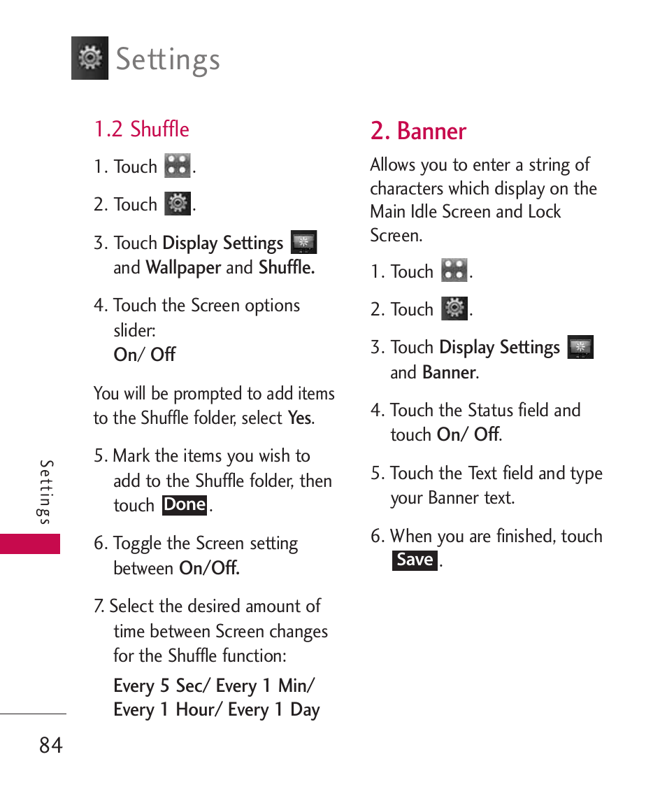 2 shuffle, Banner, Settings | LG Bliss MMBB0345401(1.0) User Manual | Page 86 / 143